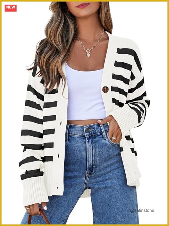 Sweaters - Striped V-Neck Cardigan Sweater Lightweight Open Front Button Down Knit